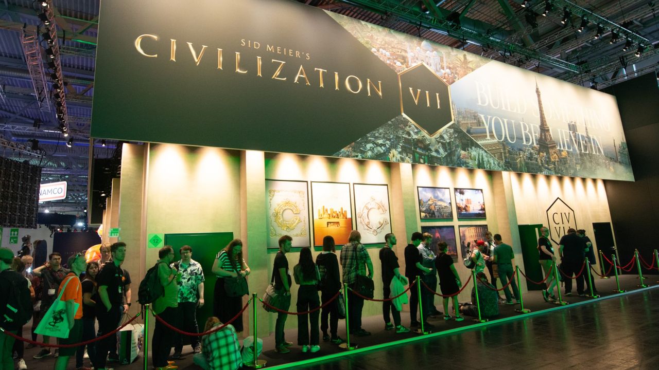 People wait in front of the &#039;Civilization VII&#039; booth at Germany&#039;s Gamescom on Aug. 21, 2024. 