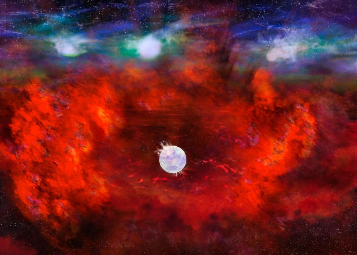 An artist&#039;s illustration of the dense neutron star believed to be at the dusty core of Supernova 1987A. 