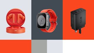 CMF by Nothing; orange watch, earbuds and charger