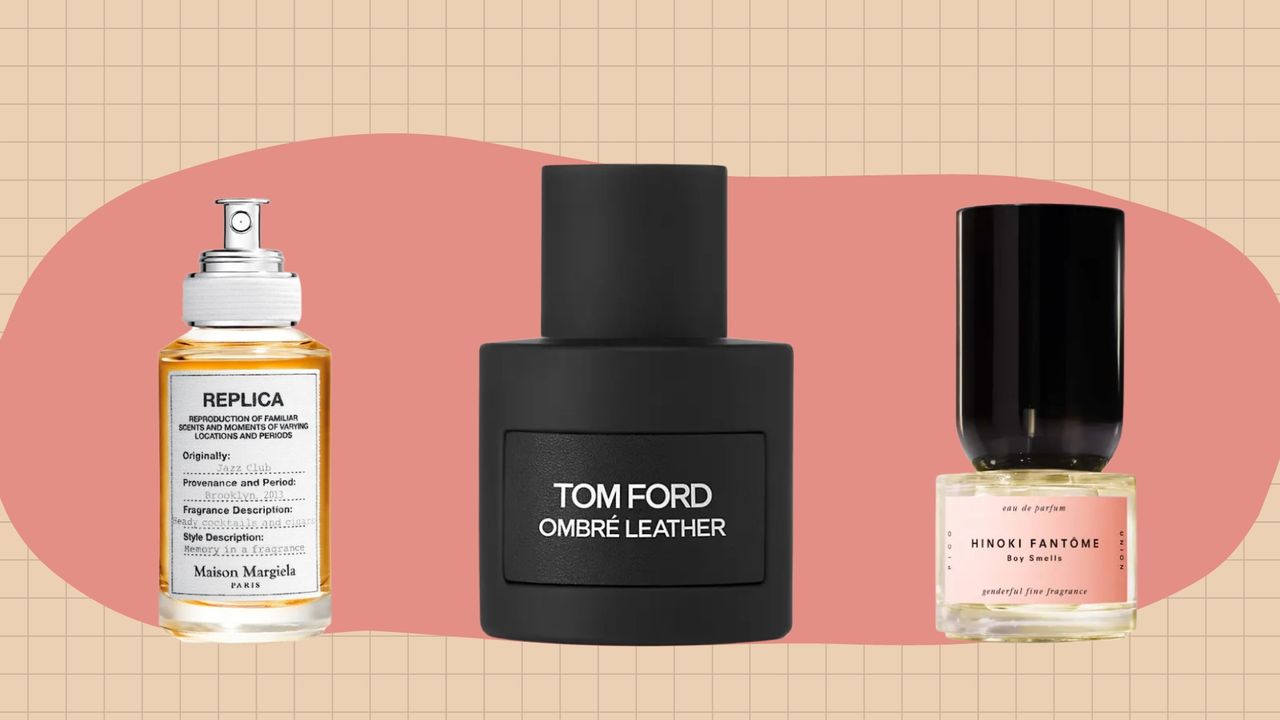 Leather perfumes from Maison Margiela, Tom Ford and Boy Smells in a beige and red/orange template