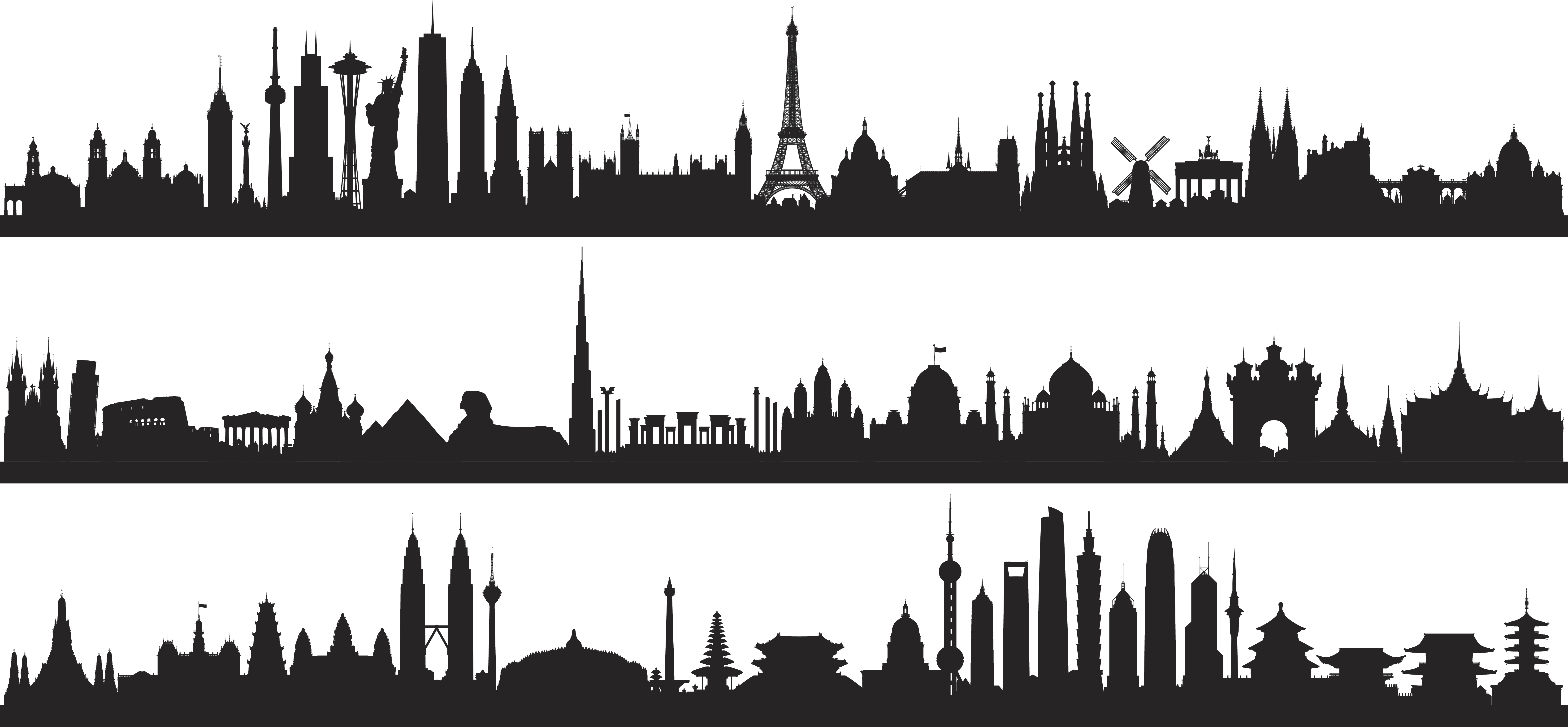Black cut out global city skyline