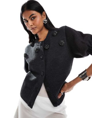 & Other Stories Puff Elbow Sleeves Cardigan in Grey With Black Crystal Embellishment