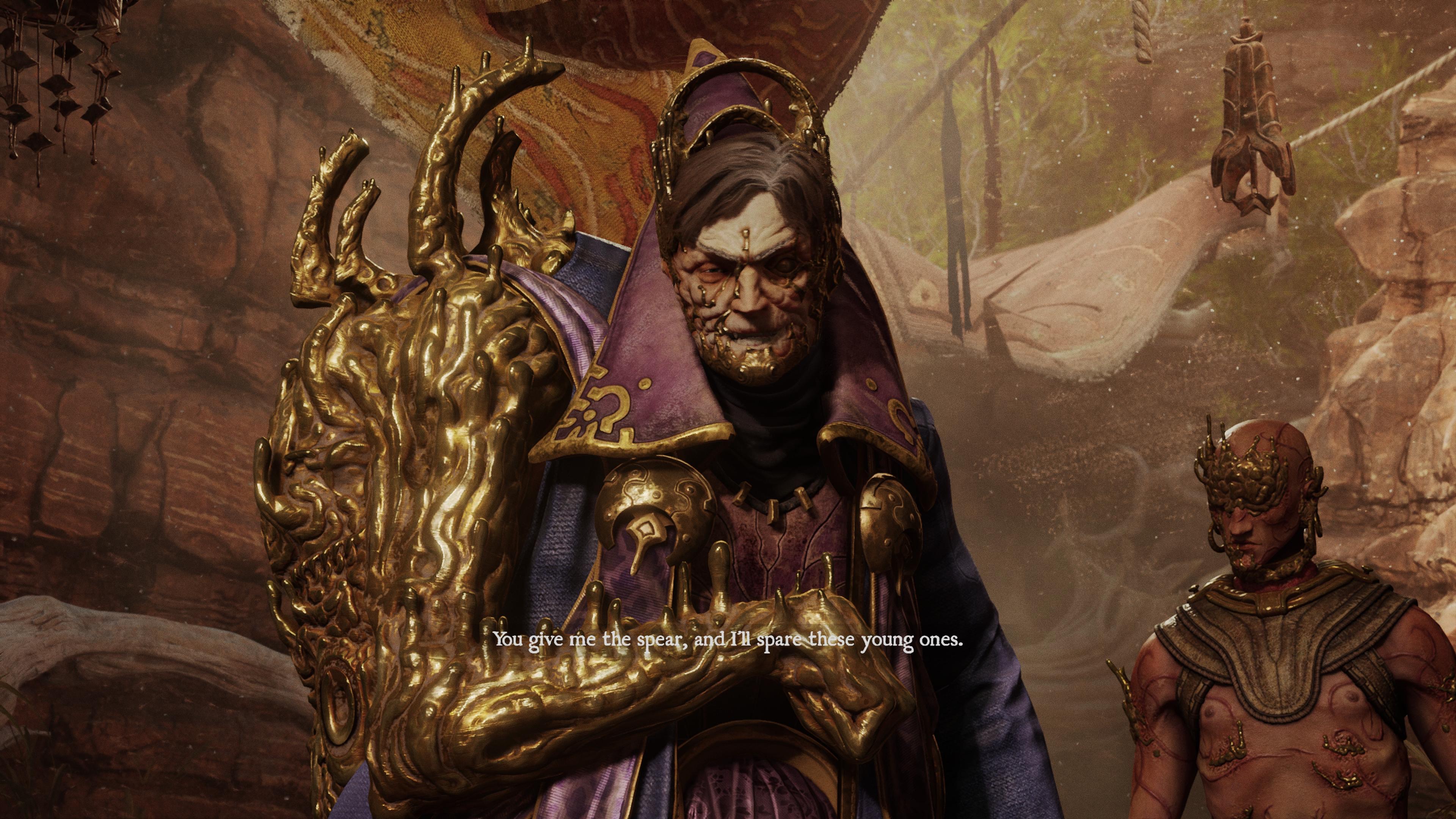 Half human half monster, this villain in Blades of Fire says "You give me the spear, and I'll spare the young ones"