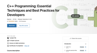 A screenshot of the LinkedIn Learning website showing the "C++ Programming: Essential Techniques and Best Practices for Developers" course
