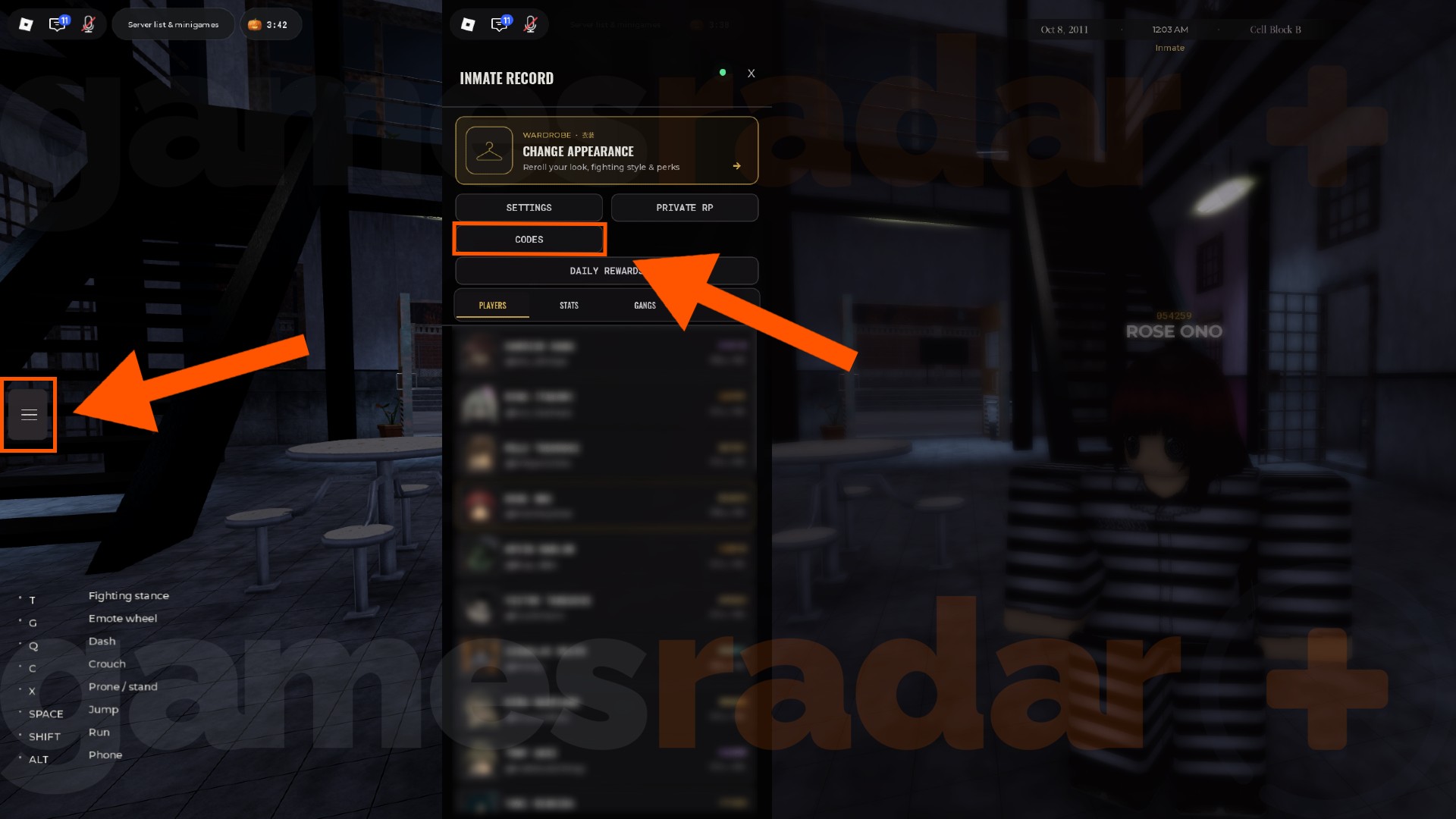 Two orange arrows show the steps to redeeming codes in Komorebi Prison.