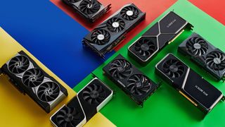 Selection of graphics cards on a multicoloured background