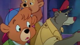 Baloo trying to fly a plane out of a rough situation as concerned bears look on