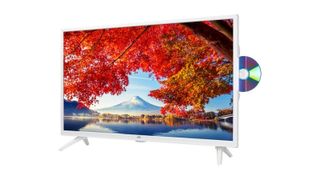 JVC LT-32C606 32" Smart HD Ready HDR LED TV showing a picturesque lake scene, with a DVD sticking out of the side