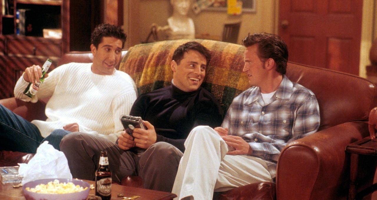 David Schwimmer, as Ross, Matt LeBlanc, as Joey, and Matthew Perry as Chandler act in a scene from the television comedy &quot;Friends&quot;