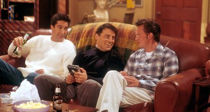 David Schwimmer, as Ross, Matt LeBlanc, as Joey, and Matthew Perry as Chandler act in a scene from the television comedy "Friends"