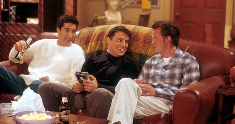 David Schwimmer, as Ross, Matt LeBlanc, as Joey, and Matthew Perry as Chandler act in a scene from the television comedy "Friends"