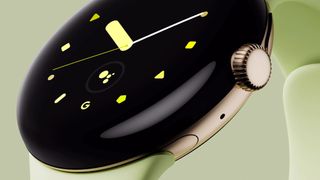 A close up of a green Google Pixel Watch on a green background with a green clock on its face