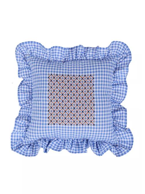 Embroidered Gingham Ruffle Pillow