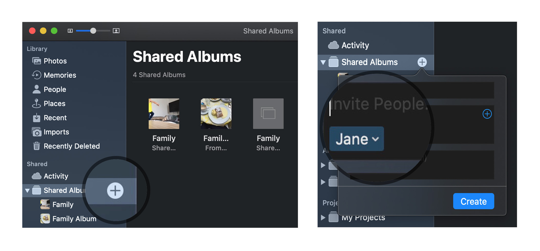 Create a Shared Photo Album on macOS by showing steps: Click Add symbol, enter the contact