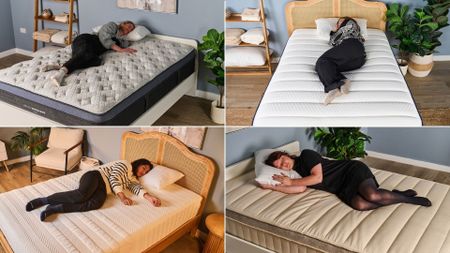 A college of four images of women laying on cooling mattress on their side in sleep studio with blue walls and plants