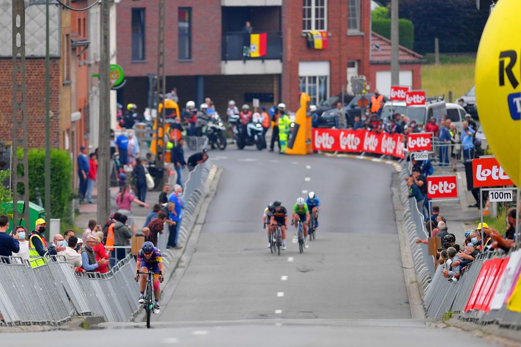 GALMAARDEN BELGIUM JUNE 24 Alena Amialiusik of Belarus and Team CanyonSRAM Racing sprint at arrival to win the stage Lotte Kopecky of Belgium and Belgium National Team Ellen Van Dijk of The Netherlands and Team Trek Segafredo Green Points Jersey Lorena Wiebes of The Netherlands and Team DSM white best young jersey Lourdes Oyarbide Jimenez of Spain and Movistar Team Women during the 9th Lotto Belgium Tour 2021 Stage 2 a 1375km stage from Galmaarden to Galmaarden LottoBelgTour LottoBelgiumTour on June 24 2021 in Galmaarden Belgium Photo by Luc ClaessenGetty Images
