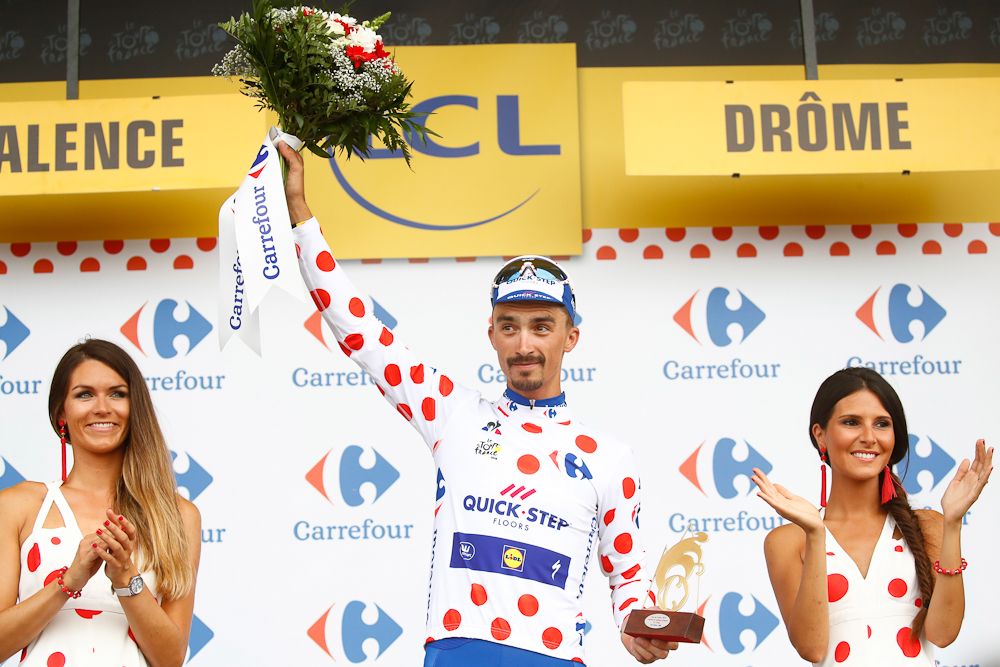 Julian Alaphilippe in polka dots after stage 13 at the Tour de France