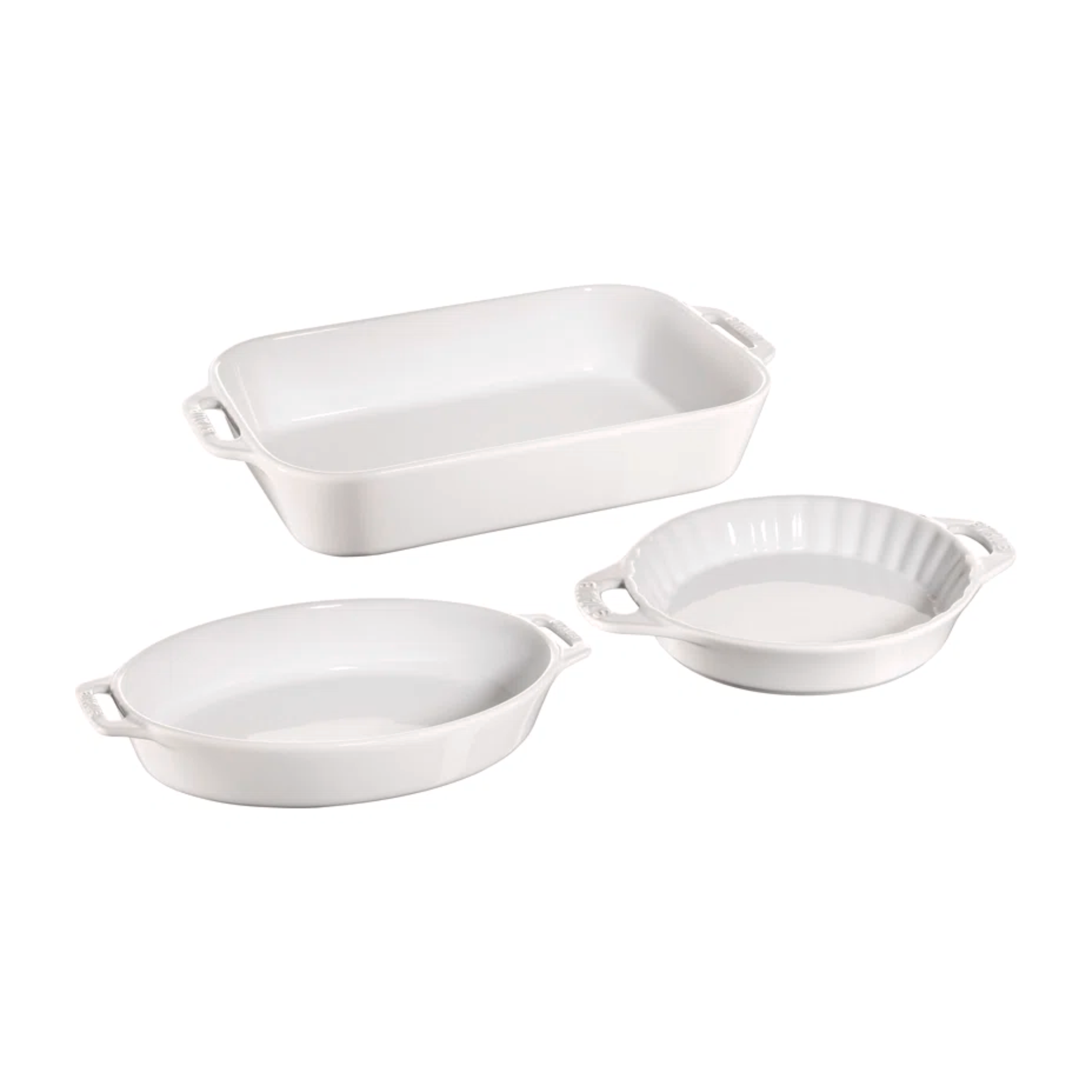 three baking dishes in white in varying sizes