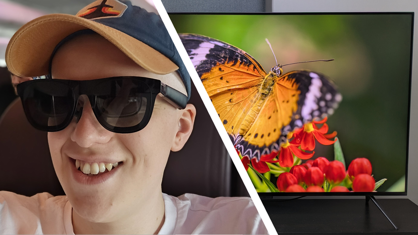 Hamish wearing the Xreal glasses next to the Amazon Fire TV.