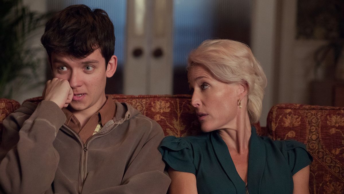 Asa Butterfield as Otis and Gillian Anderson as Otis&#039;s mother Jean in Netflix&#039;s &#039;Sex Education&#039;