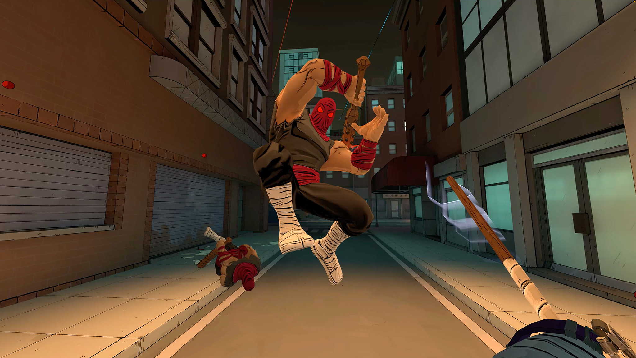 An official screenshot of TMNT: Empire City for Meta Quest showing a FootClan member jumping towards you