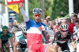 French champion Nacer Bouhanni (FDJ-Big Mat) celebrates victory in stage 1 at the Tour de Wallonie.