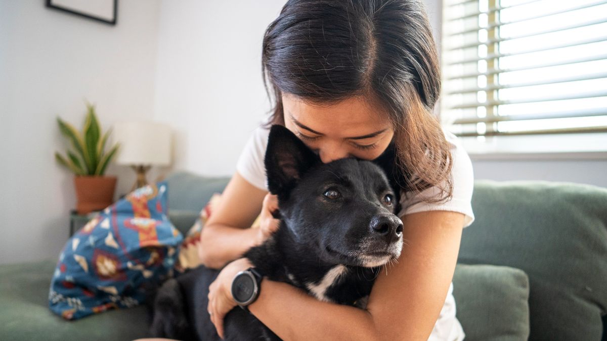 Woman sitting on couch hugging a dog