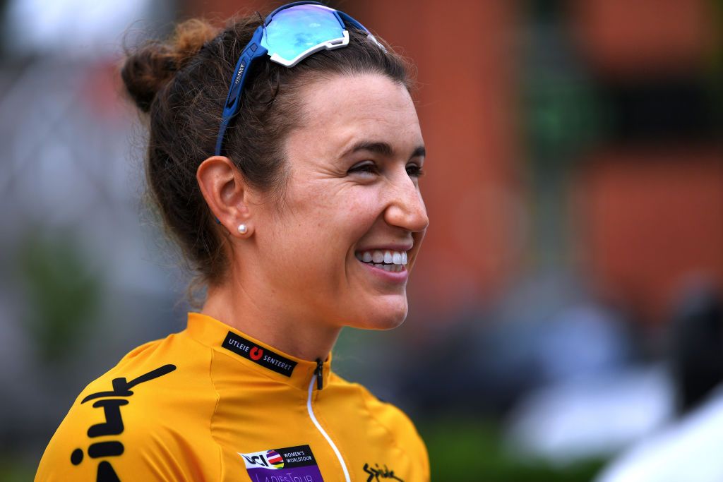 MYSEN NORWAY AUGUST 13 Kristen Faulkner of United States and Team Tibco Silicon Valley Bank Yellow Leader Jersey prior to the 7th Ladies Tour Of Norway 2021 Stage 2 a 145km stage from Askim to Mysen LTourOfNorway LTON21 UCIWWT on August 13 2021 in Mysen Norway Photo by Luc ClaessenGetty Images