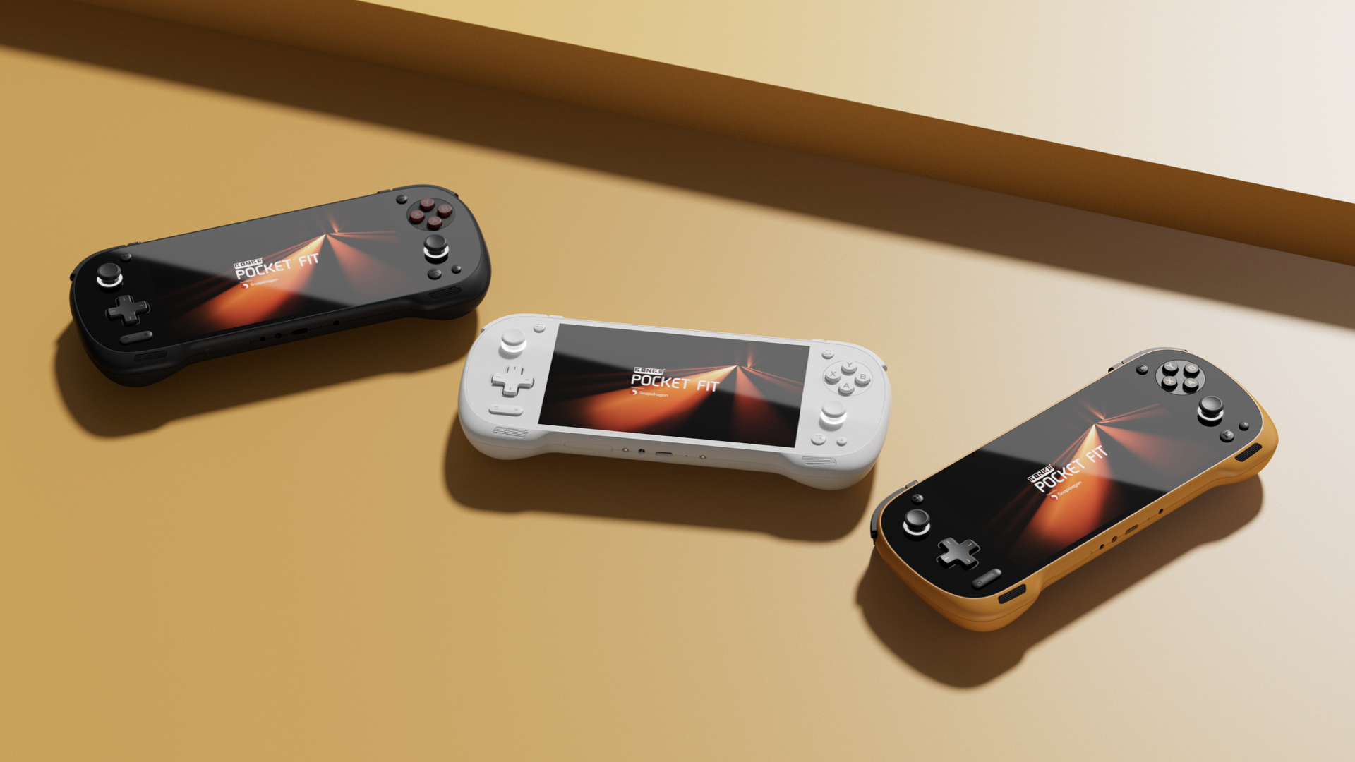 AYANEO KONKR Pocket FIT lifestyle render showing three of the four color options