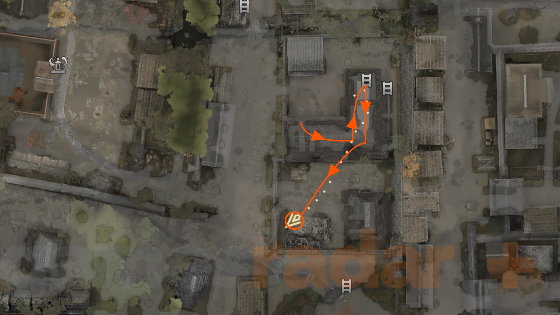 The route to finding the second of the Onimusha Way of the Sword Stout Pillars marked on the in-game map.