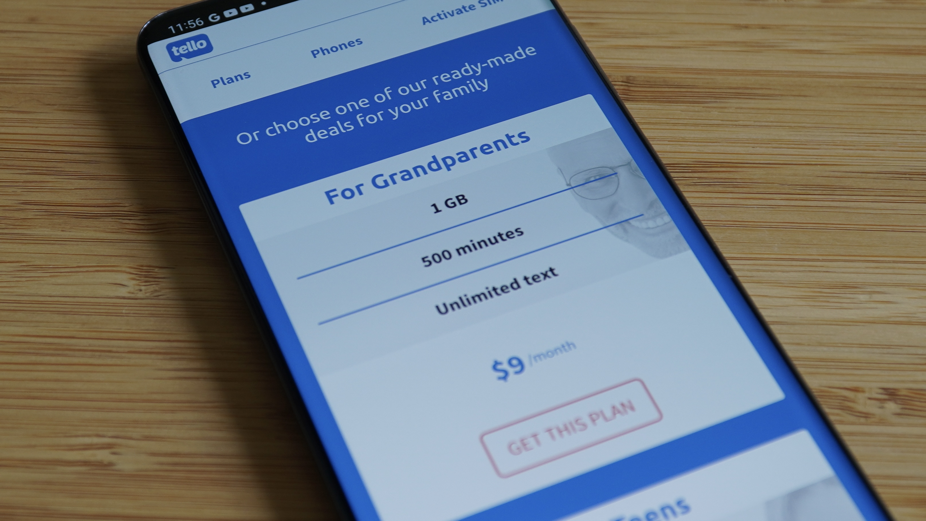 Tello Mobile 1GB grandparents plan in phone web browser