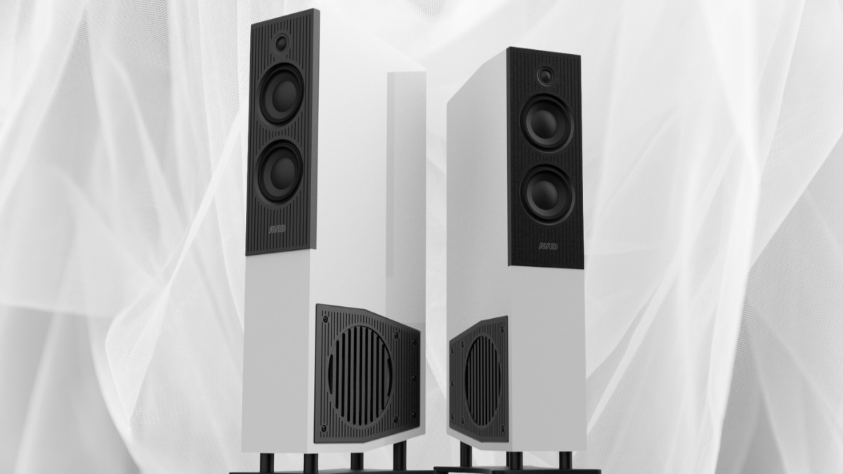 Avid Evo Two loudspeakers in white and black on a white background