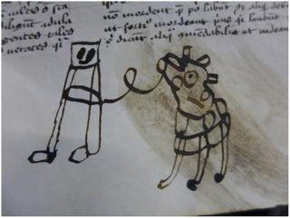 Medieval doodle of person with cow or horse