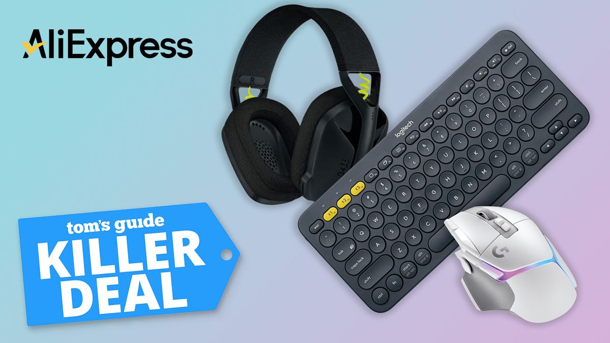 Logitech product images on a gradient background with AliExpress logo and Killer Deal badge overlaid