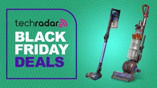 A Shark Cordless vacuum and a Dyson upright vacuum next to a TechRadar Black Friday Deals logo