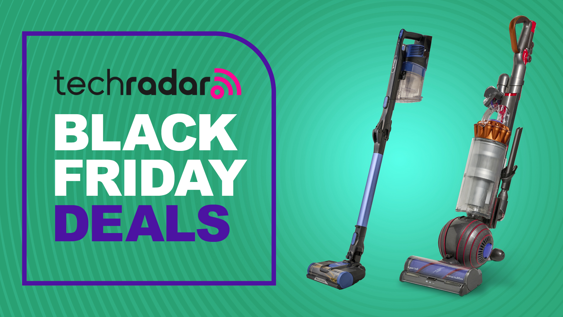 A Shark Cordless vacuum and a Dyson upright vacuum next to a TechRadar Black Friday Deals logo