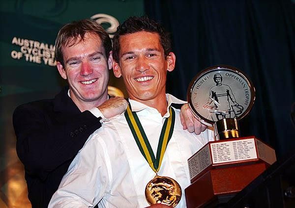 Robbie McEwen and Ryan Bayley strike a pose for the camera.