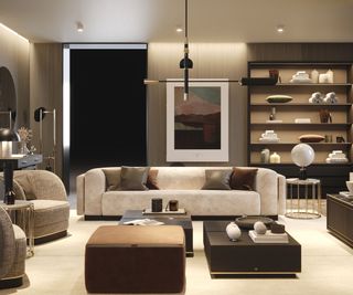 modern neutral living room with cream and brown color scheme