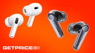 EarFun Air Pro 3 earbuds and Apple AirPods Pro 2 earbuds on orange Getprice background