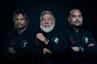 Privateer's leadership "crew" poses wearing Omega Speedmaster chronographs, from left: chief scientist Moriba Jah, president Steve Wozniak and chairman and chief executive Rick Fielding.