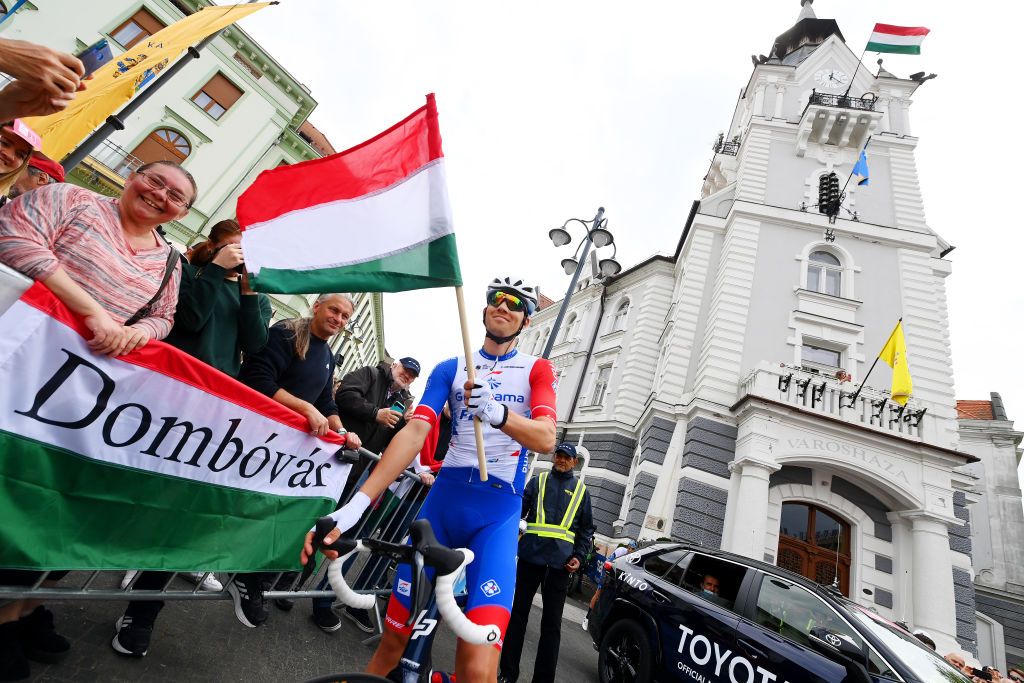 BALATONFURED HUNGARY MAY 08 Attila Valter of Hungary and Team Groupama FDJ while holding the flag of they country prior to the 105th Giro dItalia 2022 Stage 3 a 201km stage from Kaposvr to Balatonfred Giro WorldTour on May 08 2022 in Balatonfured Hungary Photo by Tim de WaeleGetty Images