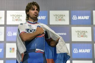 Peter Sagan (Slovakia) on the podium after winning the Elite Mens Road Race at the 2015 UCI World Championships