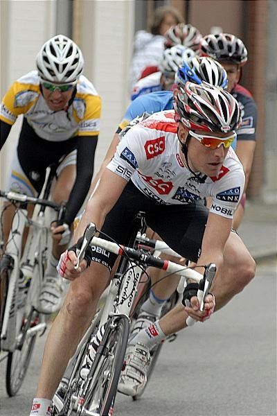 Lars Bak (CSC-Saxo Bank) leads the escape group through a turn.