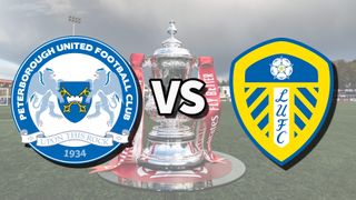 Peterborough and Leeds football club logos over an image of the FA Cup Trophy