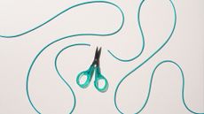 Scissors cut through a swirling green cord.