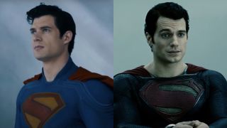 David Corenswet looks up stoically in Superman, pictured next to a slightly smirking Henry Cavill in Man of Steel. 