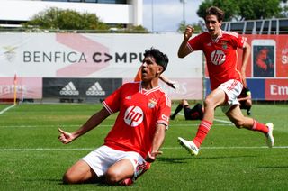 Joao Veloso of SL Benfica celebrates after scoring a goal during the Group D - UEFA Youth League 2023/24 match between SL Benfica and FC Salzburg at Benfica Campus on September 20, 2023 in Seixal, Portugal.