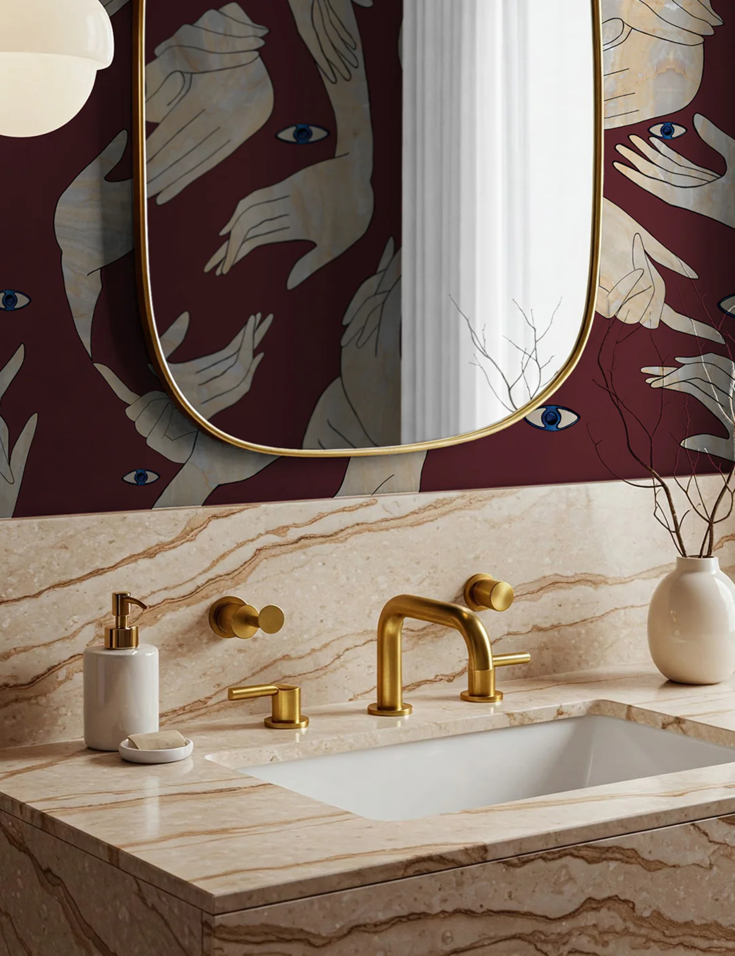 Oxblood patterned wallpaper featured in a bathroom with a sleek veiny marble sink