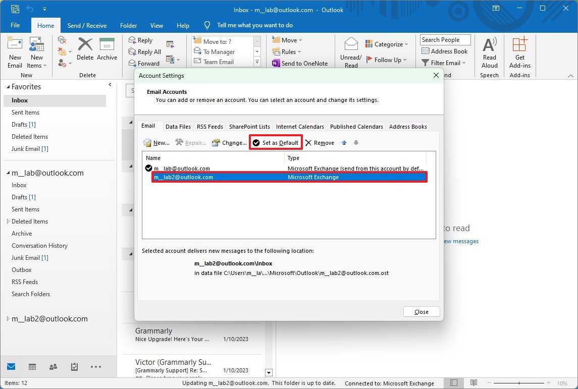 Outlook cambia la cuenta predeterminada