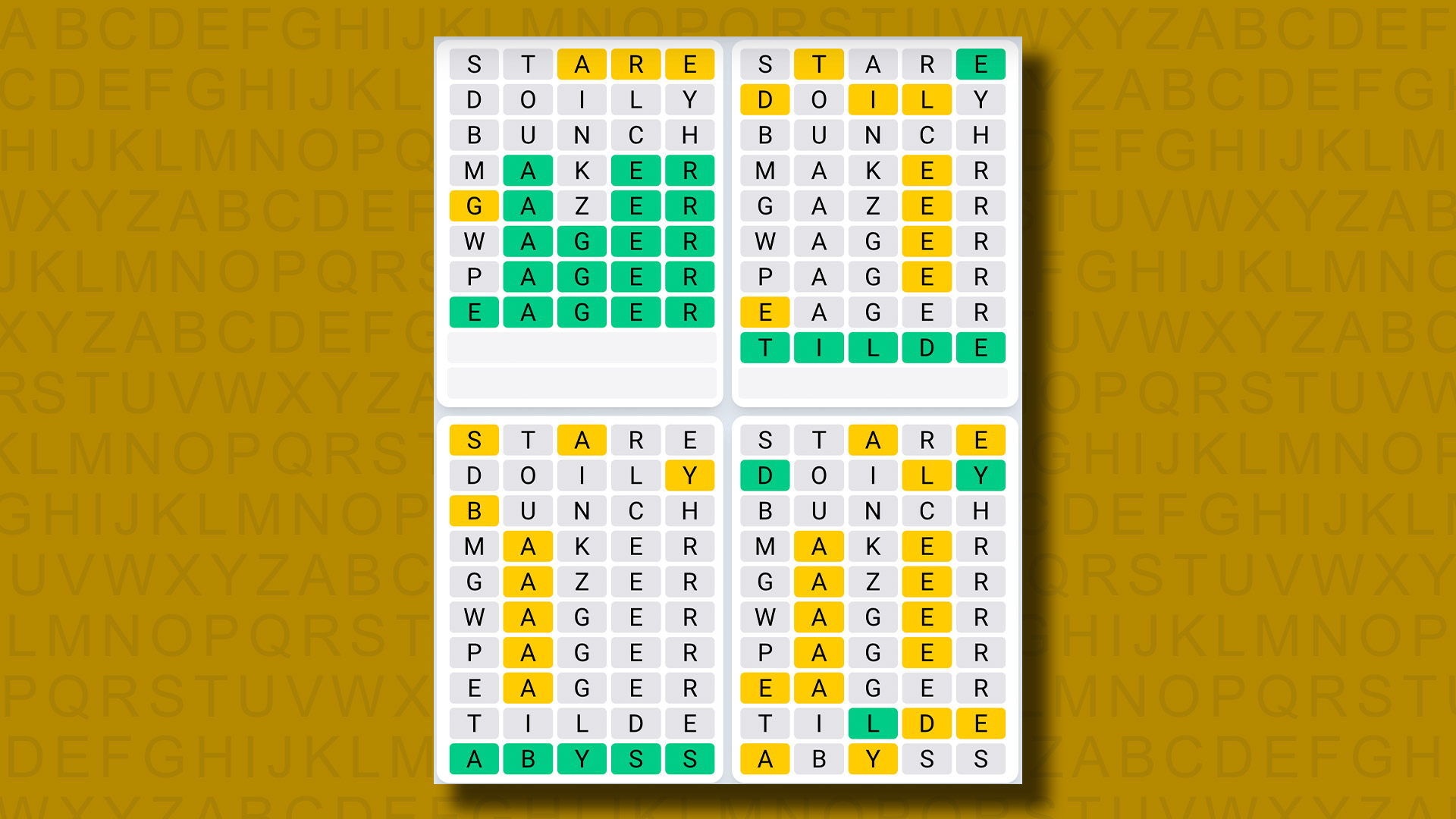 Respuestas de Quordle Daily Sequence para el juego 979 sobre un fondo amarillo